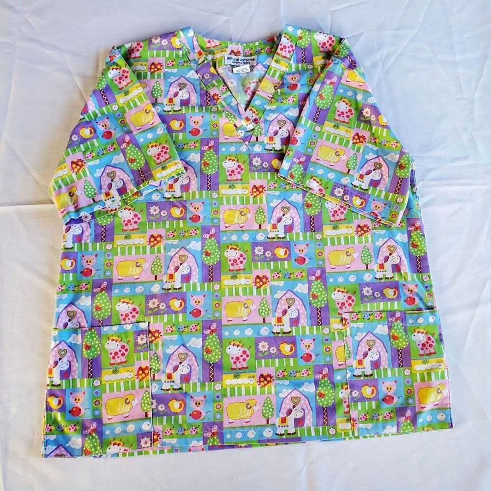 Women's Farm Animals Scrubs Top - Size (M)- Natural Uniforms - Natural Prints